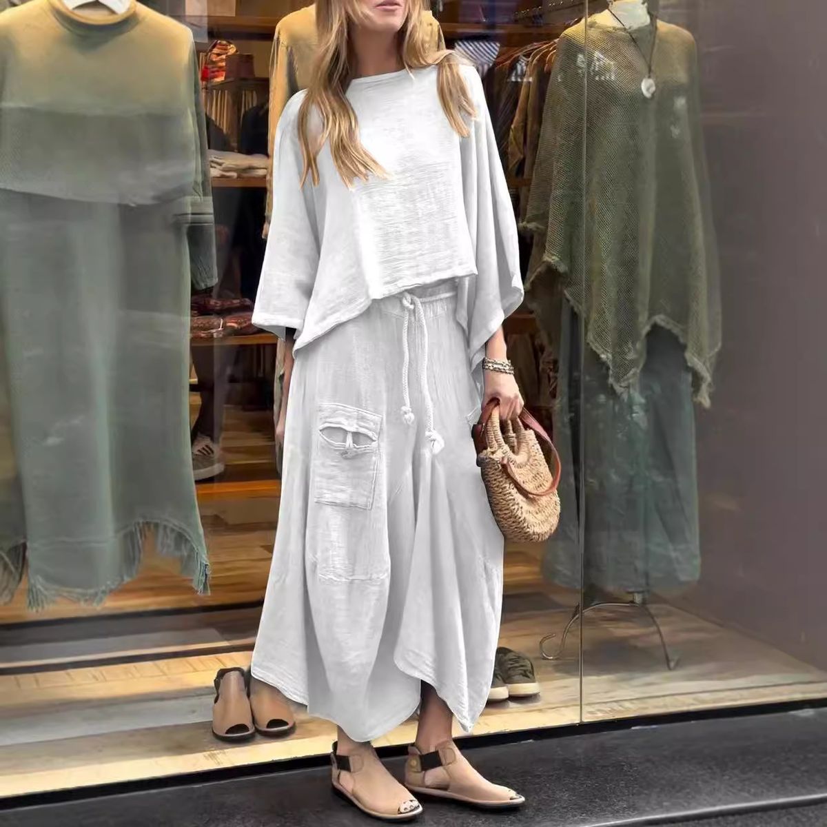 K New Women's Casual Solid Color Loose Skirt Two-piece Set_ecoleips.com