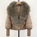 Women’s Short Puffer Jacket – Fox Fur Trim, Lightweight Down Coat (Detachable Hood, Oversized Collar, 14 Color Combos, S/M)_ecoleips.com