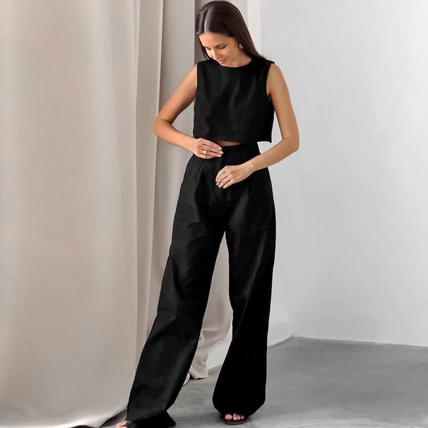 Women's Clothing Black Cotton Linen Sleeveless Short Vest Trousers Casual Two Piece Suit_ecoleips.com
