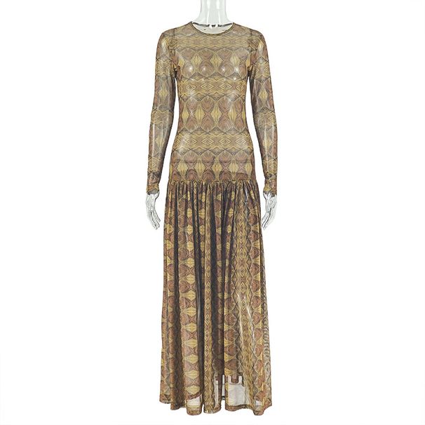 Retro Slimming Women's Dress Elegant Slightly Sheer a Line Print round Neck Long Sleeves_ecoleips.com