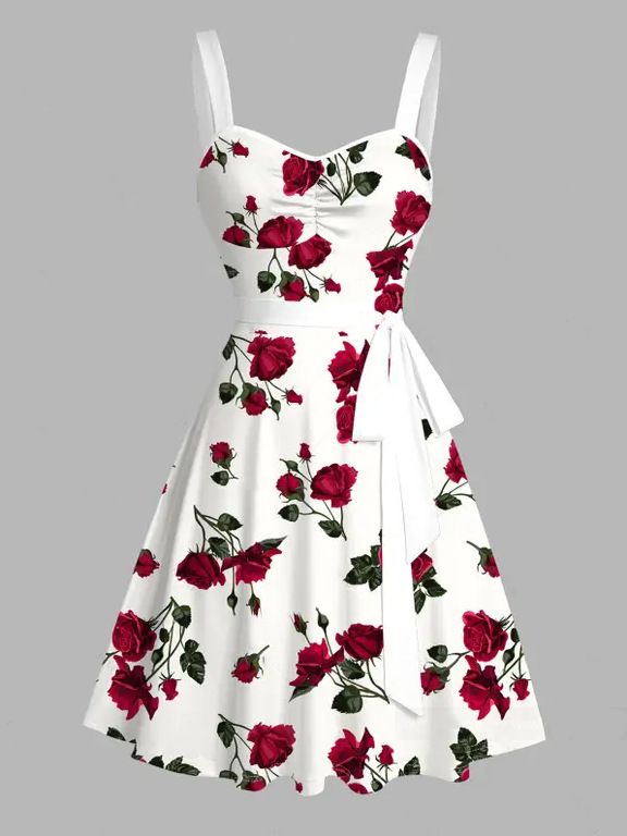 Cross-border Foreign Trade Vintage Rose Pattern Midi With Belt - Elegant Sleeveless A-line Dress_ecoleips.com