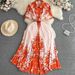 Women's Clothing Retro Palace Style Short Sleeved Lapel Waist Single Breasted A Line Printed Belt Pleated Dress With Long Swing Skirt_ecoleips.com