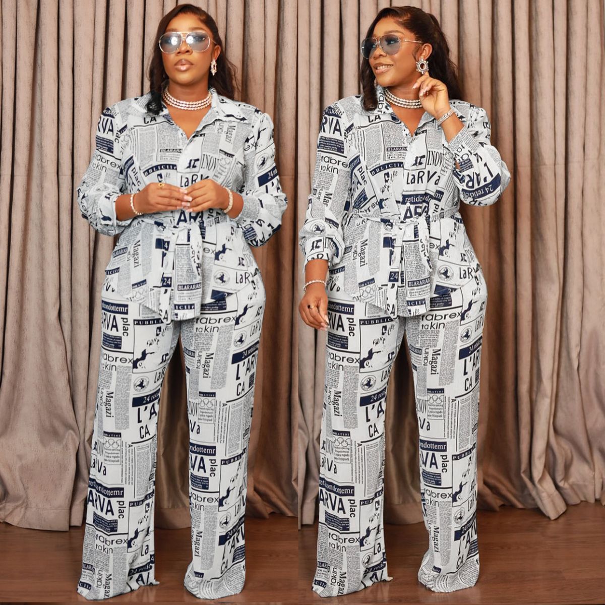 Women's Clothing Women's Style Fashion Suit With Tie Long Sleeves Newspaper Print For Autumn Winter Popular For Formal & Casual_ecoleips.com