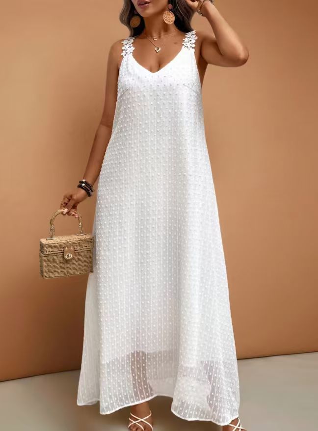Plus Size Women's Vacation Lace Trim French Dress_ecoleips.com