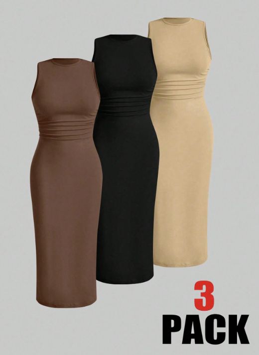 Curvy Women 3 Pack Ruched Waist Tank Maxi Dress, Crew Neck Versatile Long Dress Set_ecoleips.com