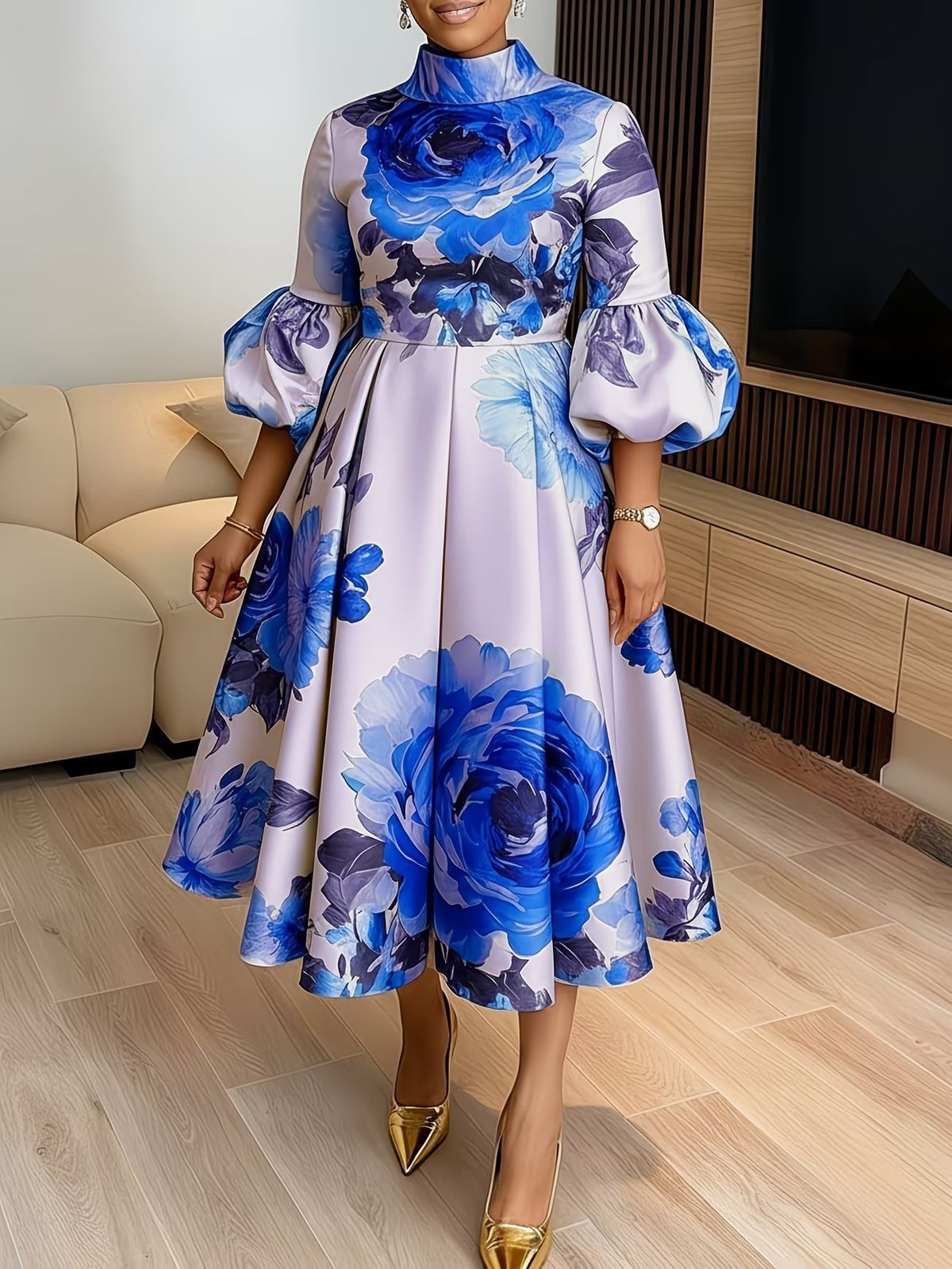 Women's Clothing Elegant Printed Women's Dress With Lantern Sleeves Slim Waist Party Wear_ecoleips.com