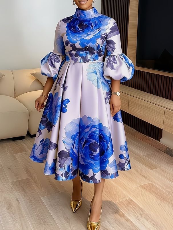 Women's Clothing Elegant Printed Women's Dress With Lantern Sleeves Slim Waist Party Wear_ecoleips.com