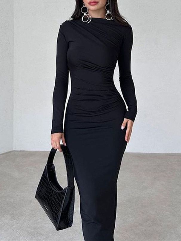 Women Elegant Solid Black Bodycon Maxi Dress Long Sleeve Lady O-neck Evening Party Vestidos Robe_ecoleips.com