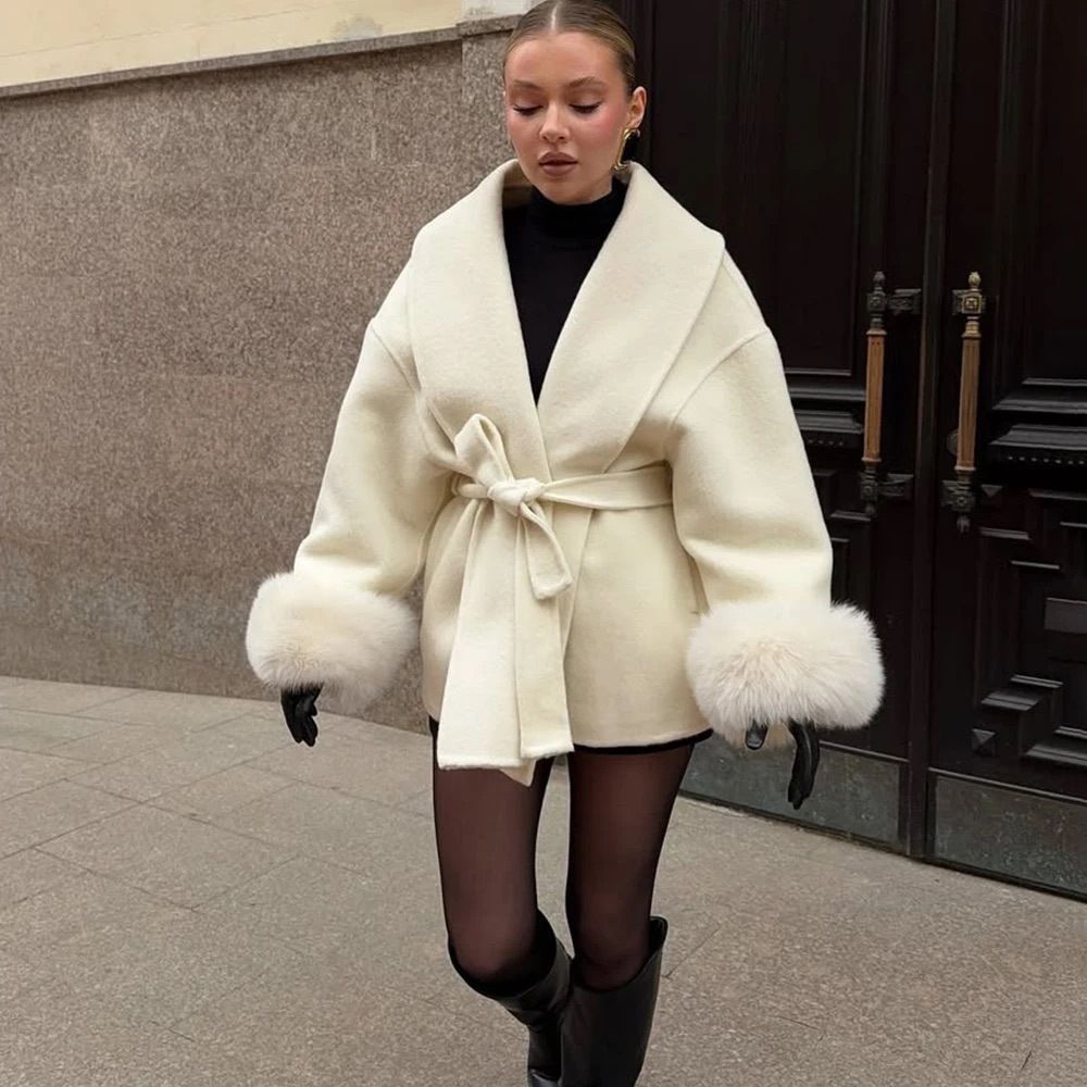 Women's Clothing Autumn And Winter Woolen Coat Short Coat Women's Cuffs Fur V Neck Lace Up Solid Color_ecoleips.com