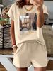 Summer New Black New York Pattern T-shirt, Casual Printed Round Neck Short Sleeved Top With Elastic Waist Pocket, Women's Two-piece Set-284_ecoleips.com