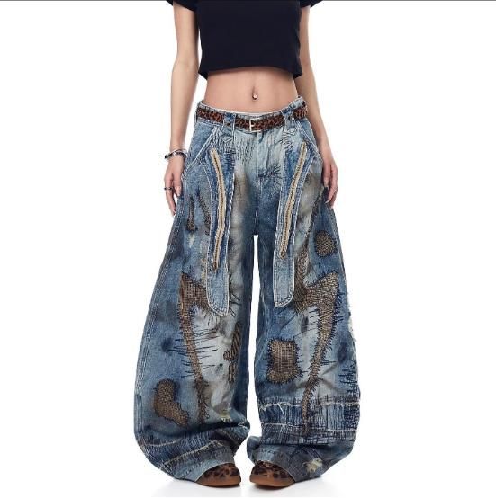2027 Fashion European-USA Wasteland Style Post-Apocalyptic Stained Jeans Women Cotton Mid Waist Random Needle Embroidery Do Old Wide-Leg Denim Pants_ecoleips.com