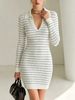 Lightweight Airy Ribbed V Neck Polo Striped Long Sleeve Knit Dress_ecoleips.com