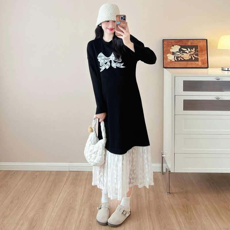 Autumn New Korean Fashion Lace Patchwork Maternity Dress_ecoleips.com