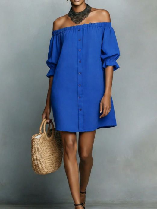 2026 New Vintage Artistic Patchwork Dress, Solid Color Lantern Sleeves, Loose Waist, Short Sleeve, Casual Straight Dress_ecoleips.com