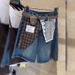 Vintage Lace Plaid Stitching Denim Shorts Women's Summer High Waist Five-point Wide Legs_ecoleips.com