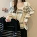 Women's Clothing Autumn New Fat MM Large Size New Casual Striped Knitted Suit Suspenders Cardigan Tops Female Two Piece Suit_ecoleips.com