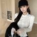 Lace Cuff Ruffled Stand Collar Puff Blouse For Women, Autumn And Winter Elegant Long Sleeve Slim-fit Short Shirt_ecoleips.com
