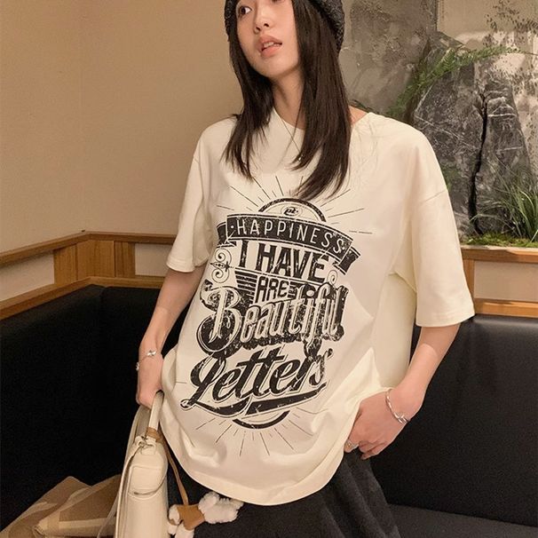 Women's Printed Letter Cotton T-Shirt Short Sleeved Loose Top Spring/Summer_ecoleips.com