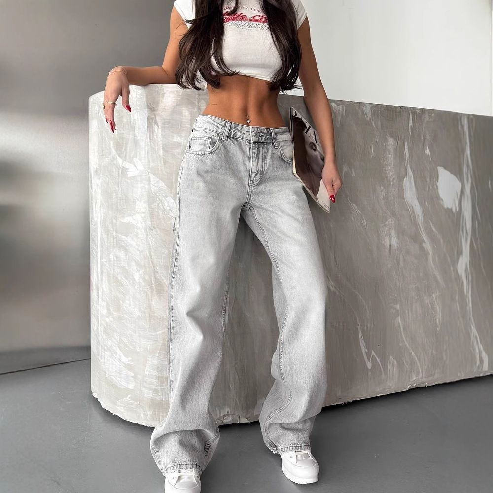 Women's Clothing Retro High Waist Washed Distressed Hot Girl Jeans Women's Back Leg Holes Design Wide Leg Pants_ecoleips.com