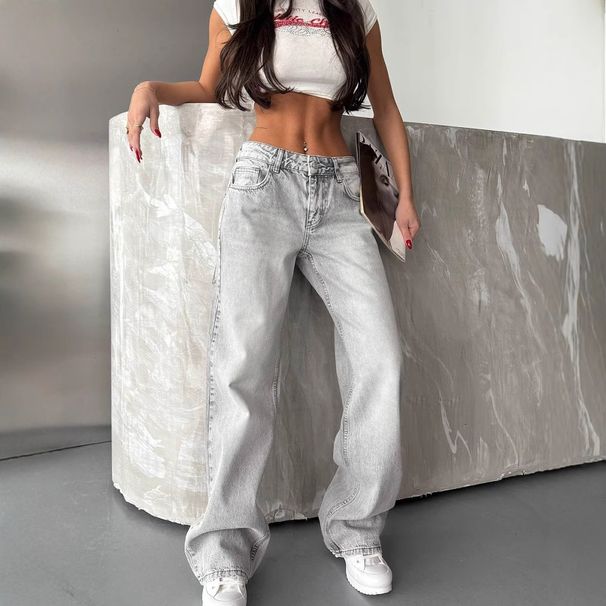 Women's Clothing Retro High Waist Washed Distressed Hot Girl Jeans Women's Back Leg Holes Design Wide Leg Pants_ecoleips.com