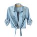 Women's Plus Size Denim Shirt - Lightweight 3/4 Sleeve Button Down Top With Tie Front Oversized Chambray Duster Vest_ecoleips.com