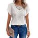 2026 Spring/Summer New Lace Splicing Hollow Carving Round Neck Short Sleeve T-shirt For Women_ecoleips.com
