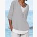 Verve 2025 Spring Summer V-neck Solid Color Cotton Linen Plus Size Mid-sleeve Women's Shirt_ecoleips.com
