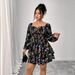 Flirty Floral Print Dress – Square Neck Backless Bubble Sleeve Dress, Feminine & Elegant For Women_ecoleips.com