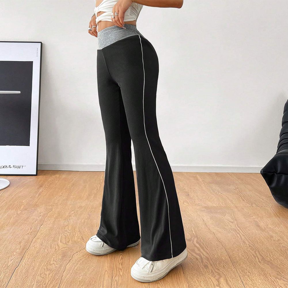 Voya 2026 Women's Versatile Commuting Slim Casual Pants Waist Fitted Leisure Pants, Spring And Summer Elastic Waist Color-Blocking Wide-Leg Long Pants_ecoleips.com