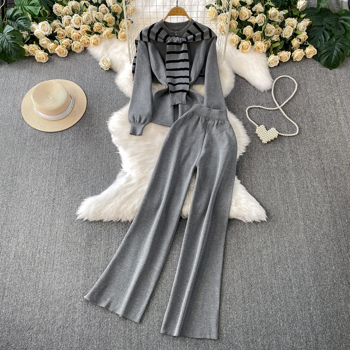 Women's Casual Knitwear Set Zipper Stand Collar Jacket Hong Kong Style Striped Shawl Wide Leg Pants 2025 New Arrival_ecoleips.com
