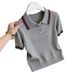Women's Contrast Color Striped Knit Top Casual Short Sleeve Crew Neck Slim Fit T-Shirt Grey Fashion Top_ecoleips.com