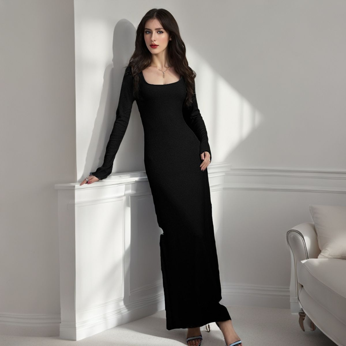 European And American Women's Clothing 2025 Autumn New Fashion Temperament U-neck Long-sleeved Solid Color Fungus Edge Long Dress_ecoleips.com