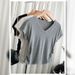 V-neck Front Shoulder Short-sleeved T-shirt Women's Slim-fit Design Bottoming Shirt Pleated Curved Hem Top_ecoleips.com