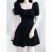 Elegant Short Black Dress Square Collar A-Line Skirt Women's Summer Slimming Hepburn Style High Waist Gown Casual Wear_ecoleips.com