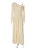 Hugcitar Fashion One Shoulder Solid Long Sleeve Ruched Sexy Bodycon Pleated Maxi Dress Autumn Women Clothes Party Festival_ecoleips.com