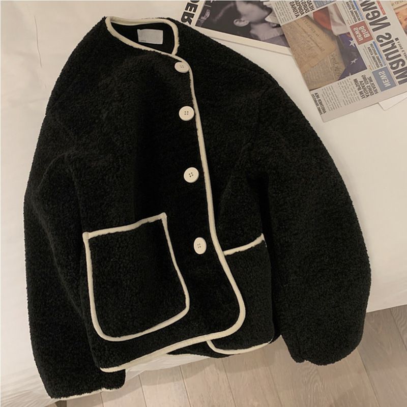 women's leather & fce bomber jacket short zipup biker coat with shearling collar (black, khaki, beige)_ecoleips.com