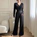 Women's Clothing Women's Elegant Temperament Solid Color Jumpsuit V Neck Long Sleeve Wide Leg Waist Cinching Spring Autumn Style_ecoleips.com