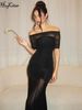 Hugcitar Slash Neck Solid Short Sleeve Patchwork Mesh Ruched Sexy Maxi Dress See Through Women Elegant Outfits Party Holiday_ecoleips.com