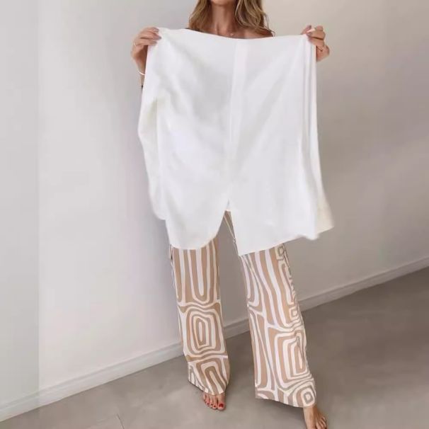 Elegant Women's Long Sleeved Solid Color Shirt Top And Loose Fitting Trousers Set Digital Print Cross Border 2024_ecoleips.com