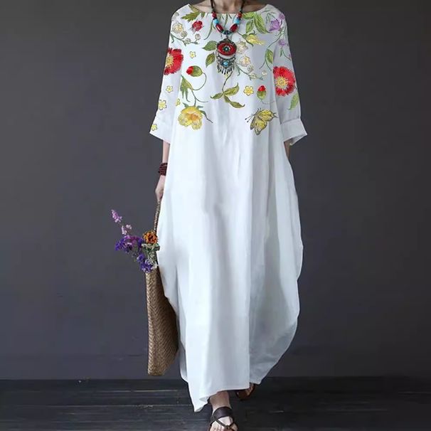 Independent Brand Printed Women's Clothing, European And American Three-quarter Sleeve Midi Dress, Floral Bohemian_ecoleips.com
