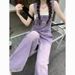 Washed Purple Denim Overalls For Women, Summer Vintage Straight-leg Loose Slimming Wide-leg Jumpsuit_ecoleips.com