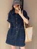 plus Size Women's Summer New Denim Dress Belly Cover Slimming Design Shirt Dress High Waist A-Line Korean Style Short Sleeve_ecoleips.com
