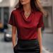 Elegant Draped Neck Short-Sleeve Blouse – Lightweight Polyester Women's Top For Work & Casual Size Democracy_ecoleips.com