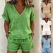 Women's V Neck Short Sleeve Elastic Shorts Set Casual Solid Color Two Piece Clothing American Style New_ecoleips.com