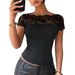Women's Mesh Lace T Shirt, Y2K Slim Fit Elegant Short Sleeve Top, Women's Clothing_ecoleips.com