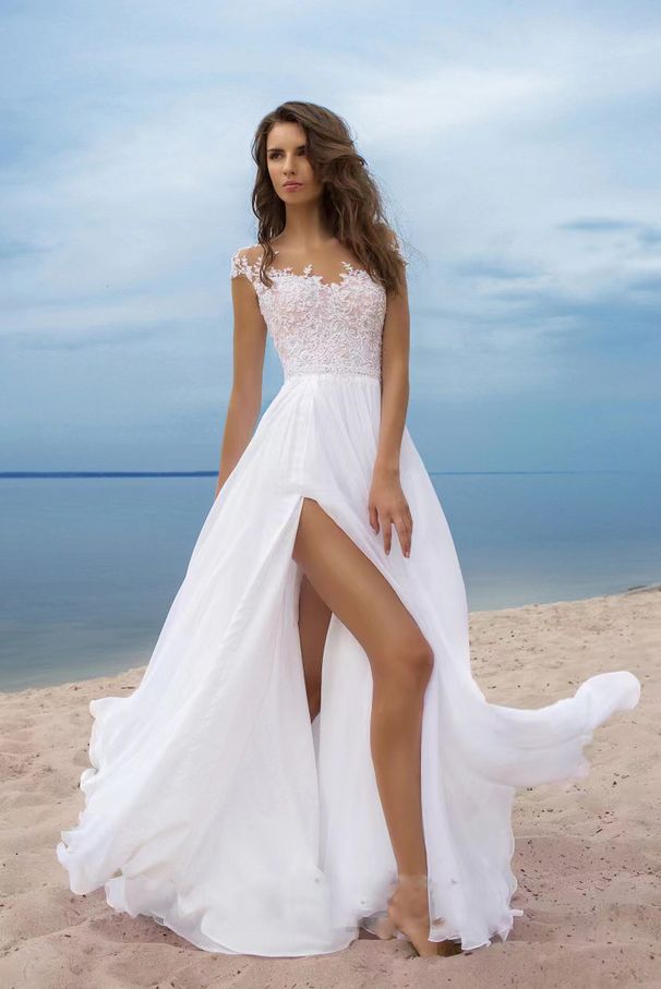 plus Size Lace Chiffon Dress for Women White Evening Prom Dress European American Style with Slit Skirt_ecoleips.com