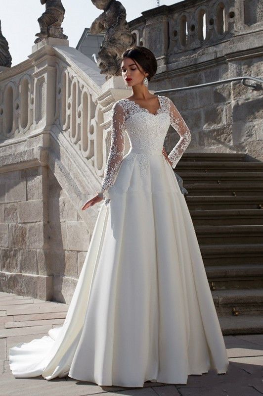 Women's Lace Long Sleeve Trailing Wedding Dress Simple Trailing Slim Lace Satin Banquet Host Wedding Dress_ecoleips.com