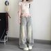 Petite American Retro Floral High-waisted Wide-leg Jeans For Women, Loose And Slimming Straight Pants With A Drapey Fit_ecoleips.com