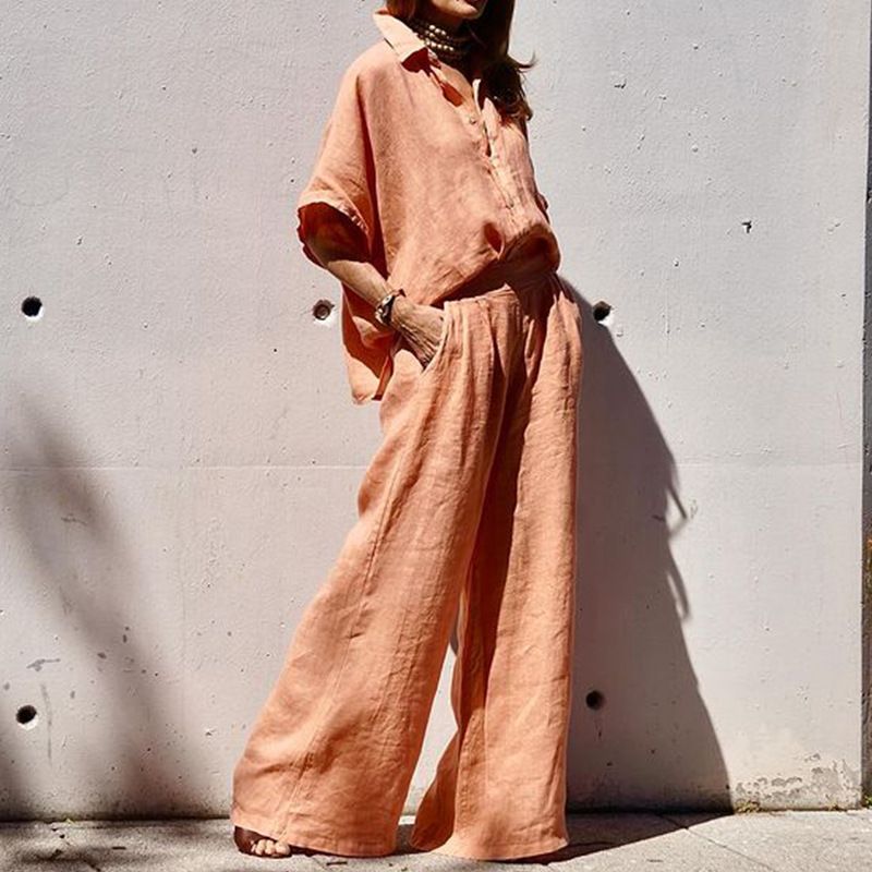 Women's Clothing Spring And Summer New Ladies Fashion Temperament Solid Color Loose Cotton And Linen Lapel Two Piece Set_ecoleips.com