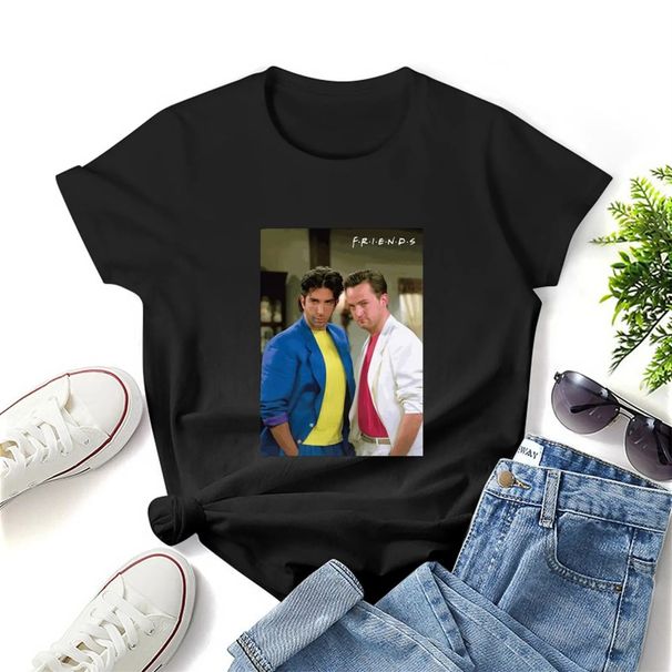 Absolute Cult Friends 80's Ross and Chandler Petit Ami Fit Print T Shirt Graphic Shirt Casual Short Sleeved Female Tee T-Shirt._ecoleips.com